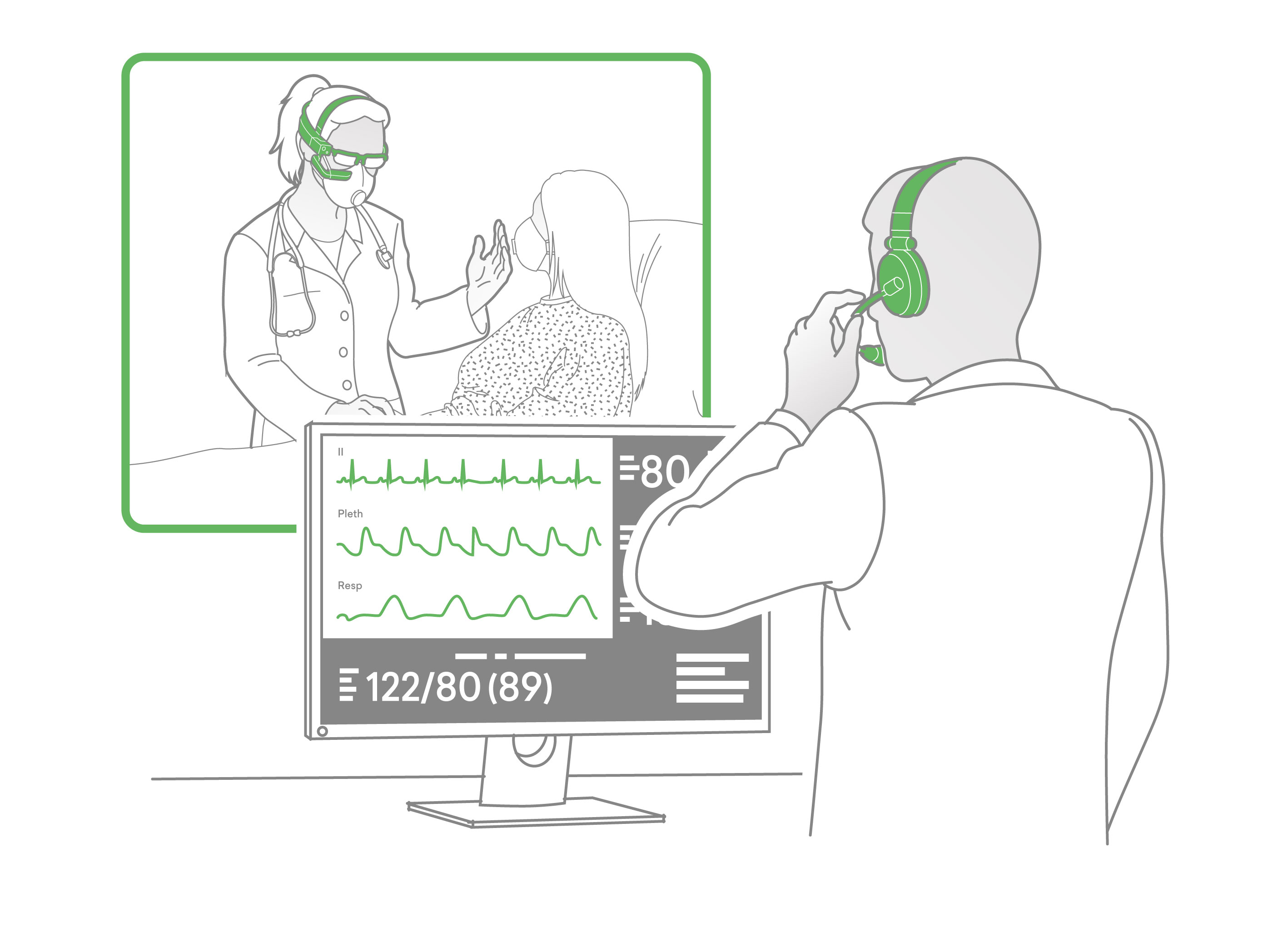 An expert remotely connected with the doctor who is visiting a patient